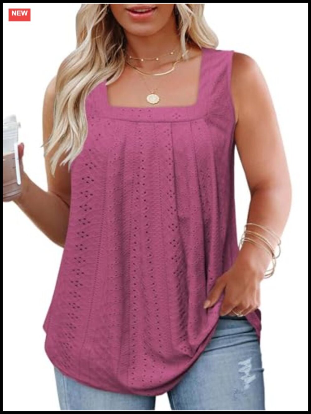 Plus Size Sleeveless Square Neck Flowy Tank Top with Pleated Front